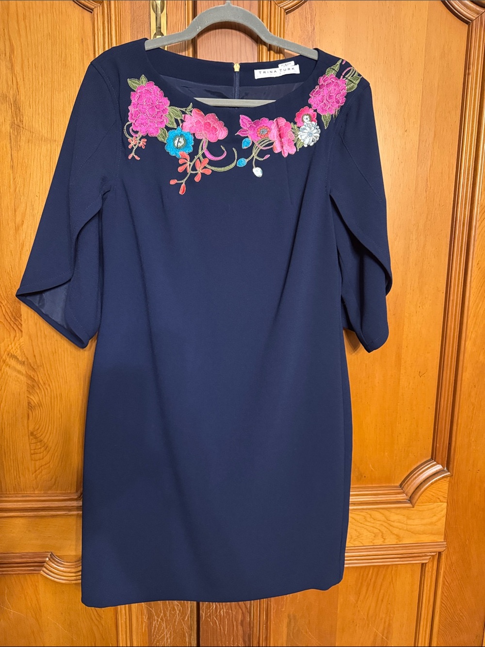 Trina Turk Navy Floral Embroidered Shift Dress - Elegant Women's Dress